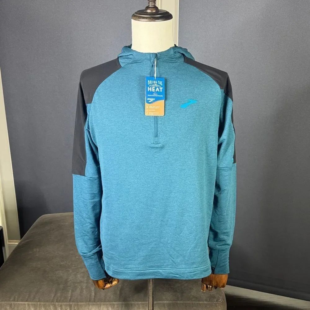 Brooks Men’s Notch Thermal Hoodie Alpine/Black LARGE Semi-Fitted NWT
